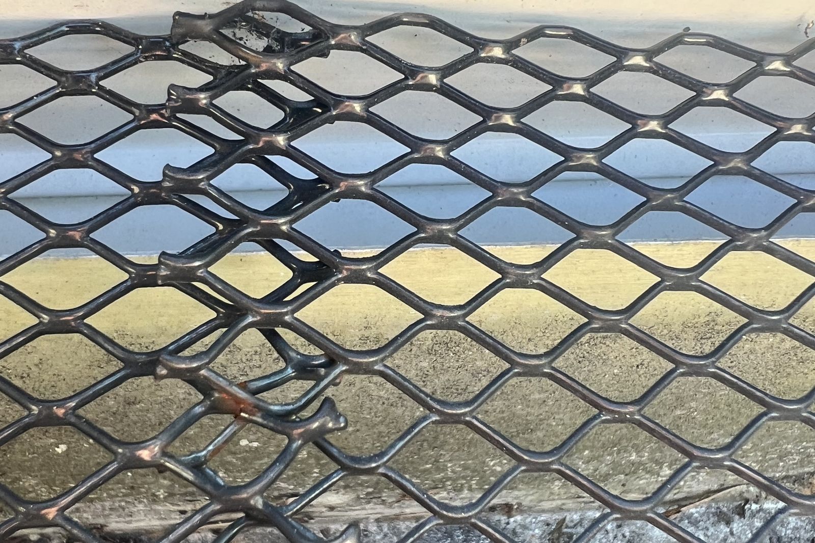 Close-up of gutter guard mesh showing wear during a gutter repair inspection in New Jersey